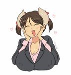  1girl blush breasts brown_hair cow_girl cow_girl_(hataraki) happy hataraki_ari heart horns huge_breasts open_mouth short_hair short_twintails simple_background smile solo sukimi_(hataraki) twintails white_background 