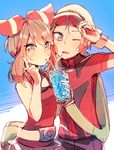  1girl backpack bag bandana brown_hair couple drink drinking drinking_straw fanny_pack haruka_(pokemon) hat open_mouth pokemon pokemon_(game) pokemon_oras shiu_(pika) simple_background sweat yuuki_(pokemon) 