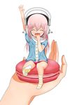  :d ^_^ bad_id bad_pixiv_id blush child closed_eyes food headphones highres hitayun in_palm long_hair macaron minigirl nitroplus no_shoes open_mouth out_of_frame pov pov_hands smile socks solo_focus striped striped_legwear super_sonico younger 