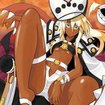  bad_id bad_pixiv_id barefoot belt beltbra breasts cape creature dark_skin expressionless futomashio guilty_gear guilty_gear_xrd hat highres long_hair medium_breasts open_fly ramlethal_valentine reclining short_shorts shorts silver_hair solo spread_legs thigh_strap underboob unzipped yellow_eyes 