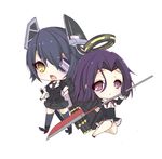  chibi eyepatch glaive gloves hand_on_hip headgear kantai_collection mechanical_halo multiple_girls necktie open_mouth polearm purple_eyes purple_hair school_uniform short_hair simple_background skirt smile sword tatsuta_(kantai_collection) tenryuu_(kantai_collection) thighhighs turret weapon white_background yellow_eyes yuncha 