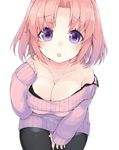  :o black_legwear blush breasts casual cleavage collarbone cowboy_shot eyebrows_visible_through_hair heart heart-shaped_pupils highres kou_mashiro large_breasts long_sleeves looking_at_viewer mikakunin_de_shinkoukei open_mouth pantyhose pink_hair purple_eyes ribbed_sweater short_hair simple_background solo strap_slip sweater symbol-shaped_pupils two_side_up white_background yonomori_kobeni 