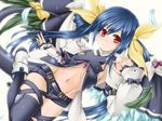  asymmetrical_wings belt black_legwear blue_hair blush breasts dizzy feathered_wings feathers guilty_gear hair_ribbon highres long_hair navel orippa red_eyes ribbon small_breasts smile solo tail tail_ribbon thighhighs twintails underboob white_background wings 