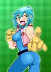  1girl allenby_beardsley ass belt blue_hair bodysuit breasts cropped_jacket from_behind g_gundam gloves green_eyes gundam jewelry large_breasts looking_at_viewer looking_back onnaski open_mouth pendant reaching_out short_hair sideboob skin_tight smile wink 