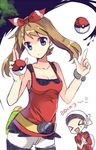  1girl alternate_costume armpits belt blue_eyes breasts brown_hair collarbone ears happy haruka_(pokemon) hat hips korean nintendo open_mouth poke_ball pokemon pokemon_oras ribbon small_breasts smile teeth tongue wristband yuuki_(pokemon) 