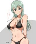  2014 :q arms_behind_back bad_id bad_pixiv_id bikini black_bikini blush breasts dated green_hair grey_eyes hair_ornament hairclip heart heart-shaped_pupils highres kantai_collection long_hair medium_breasts side-tie_bikini solo suzuya_(kantai_collection) sweat swimsuit symbol-shaped_pupils tomato_basil_(kawauso) tongue tongue_out translated 