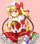  arm_ribbon arms_behind_back ascot bad_id bad_pixiv_id blonde_hair blouse crystal flandre_scarlet frilled_skirt frills heart heart_background highres norori pink_background pointy_ears pouty_lips red_blouse red_eyes red_skirt ribbon short_hair side_ponytail skirt solo touhou v white_blouse wings wrist_cuffs 