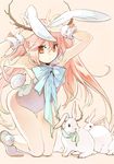  animal_ears bare_shoulders bunny bunny_ears bunny_tail bunnysuit extra_ears kneeling long_hair orange_eyes original pink_hair ribbon ruriko_(hutman00) solo tail 