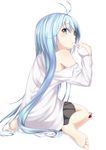  antenna_hair barefoot blue_eyes blue_hair blush denpa_onna_to_seishun_otoko feet from_behind full_body long_hair looking_back mkt off_shoulder simple_background sitting skirt soles solo toes touwa_erio wariza white_background 