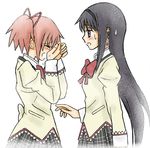  akemi_homura bad_id bad_pixiv_id black_hair blush bow closed_eyes crying hairband hands_on_own_face jewelry kaname_madoka long_hair looking_at_another mahou_shoujo_madoka_magica mahou_shoujo_madoka_magica_movie multiple_girls netun open_mouth pink_hair purple_eyes school_uniform short_hair short_twintails simple_background single_earring skirt sweatdrop tears twintails white_background wiping_tears yuri 