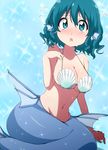  alternate_costume animal_ears bare_shoulders blue_eyes blue_hair blush breasts bwell full-face_blush head_fins large_breasts mermaid monster_girl navel open_mouth shell shell_bikini short_hair solo touhou wakasagihime wet 