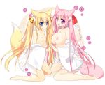  animal_ears bad_id bad_pixiv_id blonde_hair blue_eyes blush breasts fox_ears fox_tail holding_hands long_hair looking_at_viewer mao_(alepricos) multiple_girls nipples open_mouth original pink_hair purple_eyes small_breasts tail very_long_hair 