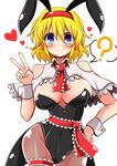  ? adapted_costume alice_margatroid animal_ears ascot bare_shoulders blonde_hair blue_eyes blush bow bowtie breasts bunny_ears bunnysuit capelet cleavage detached_collar earrings fake_animal_ears fishnet_pantyhose fishnets hairband hand_on_hip heart heart-shaped_pupils highres jewelry large_breasts leg_garter leotard pantyhose ribbon rindou_(p41neko) sash short_hair smile solo spoken_question_mark symbol-shaped_pupils touhou v wrist_cuffs 