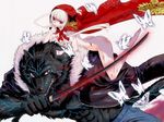  big_bad_wolf blood bug butterfly cloak commentary_request cover_image cuts fang gachirin_ni_kiri_saku grimm's_fairy_tales hood injury insect jacket katana little_red_riding_hood little_red_riding_hood_(grimm) naked_cloak ninogi_kaina nude official_art oxoxox red_eyes shirachigo_akazukin sidelocks slit_pupils sword weapon werewolf white_hair 
