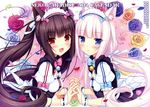  2girls animal_ears black_hair blush calendar catgirl chocolat_(sayori) flowers long_hair maid original petals rose sayori vanilla_(sayori) watermark white_hair 