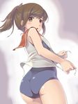  ass bad_id bad_twitter_id bare_shoulders blush brown_eyes brown_hair hair_ornament hi-ho- i-401_(kantai_collection) jpeg_artifacts kantai_collection looking_at_viewer one-piece_swimsuit open_mouth ponytail sailor_collar school_swimsuit school_uniform short_hair short_ponytail solo swimsuit swimsuit_under_clothes 