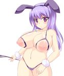 1girl animal_ears areolae blush bra breasts bunny_ears cupless_bra highres huge_breasts inverted_nipples karaage_teishoku_(regret1994) large_aerolae large_areolae long_hair looking_at_viewer nippleless_clothes nipples original puffy_nipples purple_eyes purple_hair solo touage_teishoku underwear whip white_background 