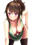  artist_request bent_over black_legwear blush breasts brown_hair cleavage downblouse ero-kawa_master! extended_downblouse frown hand_on_hip hanging_breasts jpeg_artifacts large_breasts leaning_forward looking_at_viewer loose_clothes loose_shirt lossy-lossless menda_yuma naked_shirt no_bra no_panties ponytail purple_eyes shirt sleeveless solo thighhighs transparent_background 