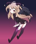  ahoge ass ayakashi_onmyouroku back_cutout behemoth_(ayakashi_onmyouroku) bent_over black_dress black_wings blonde_hair demon_girl dress flat_chest gradient gradient_background horns long_hair looking_back pointy_ears purple_background red_eyes shishi_(x67937183) short_dress simple_background smile solo tearing_clothes thighhighs tight tight_dress torn_clothes wings zettai_ryouiki 