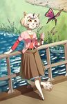  anthro arthropod belt bridge butterfly caprine collarbone cute ear_piercing female fluffy_tail fur gusana hair hooves horn ice_cream insect long_skirt mammal orange_eyes piercing river short_hair skirt smile solo vanilla_(gusana) 