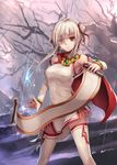  bad_id bad_pixiv_id breasts chinese_clothes double_bun eyepatch magic medium_breasts million_arthur_(series) red_eyes scroll smile solo thighhighs weiyinji_xsk white_hair 