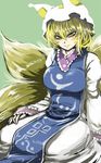  blonde_hair breasts dress fox_tail ginji_(sakaki_summer) hat large_breasts long_sleeves looking_at_viewer multiple_tails pillow_hat sitting smile solo tabard tail touhou white_dress yakumo_ran yellow_eyes 