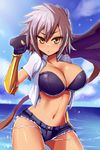  belt blazblue blazblue:_chronophantasma blush bra breasts brown_eyes bullet_(blazblue) cleavage cutoffs dark_skin denim denim_shorts fingerless_gloves gloves jacket large_breasts looking_at_viewer masa_tarou navel ocean open_clothes open_shirt scar shirt short_hair short_shorts shorts stomach strapless strapless_bra tsurime underwear white_hair 