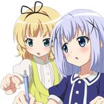  blonde_hair blue_eyes blue_hair buttons casual chestnut_mouth commentary_request curly_hair dress gochuumon_wa_usagi_desu_ka? hair_ornament hair_ribbon hairclip high_collar highres kafuu_chino kirima_sharo long_hair looking_at_another looking_down looking_to_the_side mechanical_pencil multiple_girls open_mouth pencil pointing puffy_short_sleeves puffy_sleeves red_star_(toranecomet) ribbon sailor_collar sailor_dress short_hair short_sleeves simple_background x_hair_ornament 