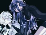  2others androgynous bangs black_background blue_eyes blue_hair blunt_bangs colored_eyelashes elbow_gloves gem_uniform_(houseki_no_kuni) ghost_quartz_(houseki_no_kuni) gloves hair_over_one_eye houseki_no_kuni lapis_lazuli_(houseki_no_kuni) long_hair looking_at_another lying multiple_others necktie on_back saku_(saku5991) short_hair_with_long_locks silver_hair white_eyes white_hair 