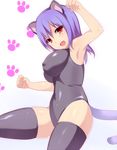  1girl animal_ears breasts cat_ears cat_tail curvy highres impossible_clothes large_breasts looking_at_viewer navel open_mouth original plump purple_hair red_eyes simple_background solo tail thighhighs touage_teishoku 