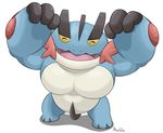  ambiguous_gender anthro biceps chubby eyes_closed happy looking_up maldu mega_evolution mega_swampert muscles nintendo open_mouth pecs plain_background pok&#233;mon pok&eacute;mon raised_arm smile solo swampert video_games white_background 