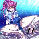  1girl blush bubble censored commentary_request footjob hetero highres i-168_(kantai_collection) kantai_collection okita_ababa penis ponytail red_hair school_swimsuit school_uniform solo_focus swimsuit swimsuit_under_clothes underwater underwater_sex 