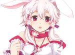  :&lt; :3 animal_ears ayakashi_onmyouroku bare_shoulders bow bunny_ears bunny_girl cherry_blossoms choker clenched_hand collarbone flower hair_flower hair_ornament hairclip hare_of_inaba_(ayakashi_onmyouroku) jewelry lips necklace off_shoulder open_mouth pink_eyes short_hair simple_background solo suketyo twintails upper_body white_background white_hair 