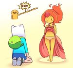  1girl adventure_time backpack bag blush commentary_request dog dress dress_lift fiery_hair finn_the_human flame_princess forehead_jewel gem hetero jake_the_dog kneeling navel nollety panties pink_panties stretched_limb underwear 