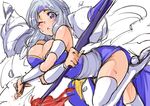  1girl blue_eyes boots breasts cecil_harvey final_fantasy final_fantasy_iv genderswap grey_hair headband large_breasts suikamaru thigh_boots thighhighs weapon wink 