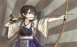 aiming archery arrow blue_skirt bow_(weapon) brown_background brown_eyes brown_hair cowboy_shot drawing_bow flight_deck hakama_skirt holding holding_arrow holding_bow_(weapon) holding_weapon japanese_clothes kaga_(kantai_collection) kantai_collection kimono long_sleeves muneate outstretched_arm rabochicken rising_sun short_hair side_ponytail simple_background skirt solo standing sunburst weapon 