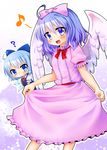  :&lt; ? ahoge angel_wings blue_eyes blue_hair bow cirno dress eighth_note gradient gradient_background hair_bow looking_at_another looking_at_viewer mai_(touhou) multiple_girls musical_note namino. open_mouth power_connection puffy_short_sleeves puffy_sleeves ribbon short_hair short_sleeves skirt_hold star starry_background touhou touhou_(pc-98) wings 