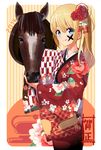  2014 blonde_hair blue_eyes facepaint flower hair_flower hair_ornament highres horse horse_head japanese_clothes kimono kurokin lotus new_year original 