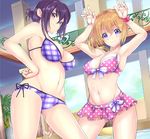  arms_up bad_id bad_pixiv_id bikini bikini_skirt black_hair blue_eyes breasts brown_hair cleavage cowboy_shot front-tie_top gochuumon_wa_usagi_desu_ka? hand_on_hip hoto_cocoa koucha_maru large_breasts long_hair looking_at_viewer medium_breasts multiple_girls navel plaid plaid_bikini polka_dot purple_eyes short_hair swimsuit tedeza_rize tied_hair 