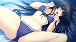  bed black_hair blush bra frilled_panties frills front-tie_top game_cg koiken_otome long_hair lying minato_shiho navel on_back open_mouth panties purple_eyes side-tie_panties solo sweat tateha_(marvelous_grace) underwear underwear_only 