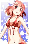  absurdres bikini blush breasts cleavage double_bun e.o. front-tie_top highres ibaraki_kasen looking_away navel parted_lips pink_hair red_eyes short_hair small_breasts swimsuit touhou 