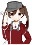  backpack bad_id bad_pixiv_id bag blush brown_eyes brown_hair eighth_note grin hat kantai_collection katori_(quietude) long_hair musical_note ryuujou_(kantai_collection) smile solo speech_bubble spoken_musical_note twintails upper_body 
