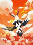  autumn autumn_leaves black_hair black_wings camera cloud hat looking_at_viewer nine_usagi one_eye_closed open_mouth ribbon shameimaru_aya short_hair smile solo tokin_hat touhou twilight upside-down wings 