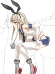  2boys absurdres animal_ears bunny_ears faceless faceless_male group_sex hetero highleg highleg_panties highres kantai_collection leaning_forward miniskirt mmf_threesome multiple_boys multiple_penises okita_ababa panties penis petite platinum_blonde_hair sex shimakaze_(kantai_collection) skirt striped striped_legwear sweat thighhighs threesome tongue tongue_out underwear 