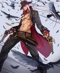  adonis_belt bird bullet coat dungeon_and_fighter feathers green_eyes gun gunner_(dungeon_and_fighter) handgun hat jewelry long_hair looking_at_viewer male_focus md5_mismatch necklace open_clothes open_coat pistol ranger_(dungeon_and_fighter) raven_(animal) shell_casing shirtless solo weapon white_hair xiaoshou_xiansheng 