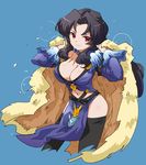  black_hair black_legwear blue_background breasts cape choker cleavage fur_trim highres kamaboko_red large_breasts long_hair marky_(shining_force) navel pelvic_curtain red_eyes shining_(series) shining_force_iii smile solo thighhighs 