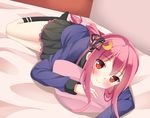  bad_id bad_pixiv_id bed black_legwear blush bunny_hair_ornament crescent crescent_hair_ornament dutch_angle hair_ornament hair_ribbon kantai_collection long_hair lying on_stomach pillow pink_hair red_eyes ribbon ro-ichi school_uniform serafuku smile solo uzuki_(kantai_collection) 