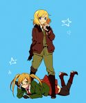  america_(hetalia) axis_powers_hetalia bad_id bad_pixiv_id blonde_hair blue_background blue_eyes blush boots eating food genderswap genderswap_(mtf) glasses gloves green_eyes hair_ornament hairclip hamburger hirosuke_(psychexx) jacket looking_at_viewer multiple_girls short_hair simple_background star thighhighs twintails united_kingdom_(hetalia) 