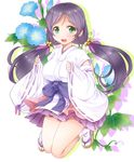  :d bell breasts flower green_eyes hair_bell hair_ornament japanese_clothes jingle_bell large_breasts long_hair love_live! love_live!_school_idol_project miko open_mouth purple_hair ratryu ribbon-trimmed_sleeves ribbon_trim skirt smile solo tabi toujou_nozomi twintails 