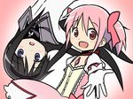  :d :o akemi_homura black_hair bow bubble_skirt choker commentary_request gloves hair_bow hairband kaname_madoka long_hair looking_at_viewer lowres magical_girl mahou_shoujo_madoka_magica multiple_girls open_mouth outstretched_arm pink_background pink_eyes pink_hair purple_eyes rikugou_(rikugou-dou) short_hair short_twintails skirt smile twintails upside-down white_gloves 